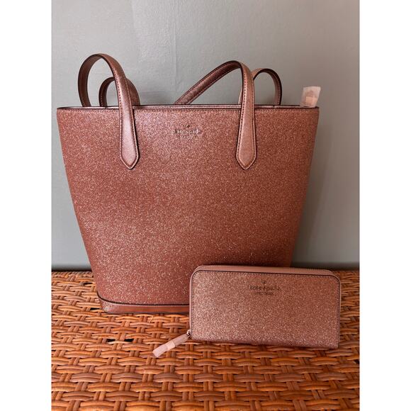Kate Spade Tinsel Rose Gold NWOT Tote and Wallet - Picture 1 of 9